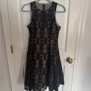 Black Lace Overlay A-Line Dress with Nude Lining